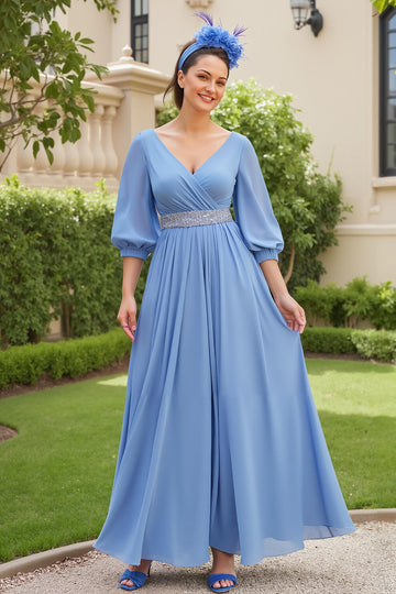 Dusty Blue A Ligne 3/4 manches en mousseline de soie Robe d’invitée de mariage avec perles